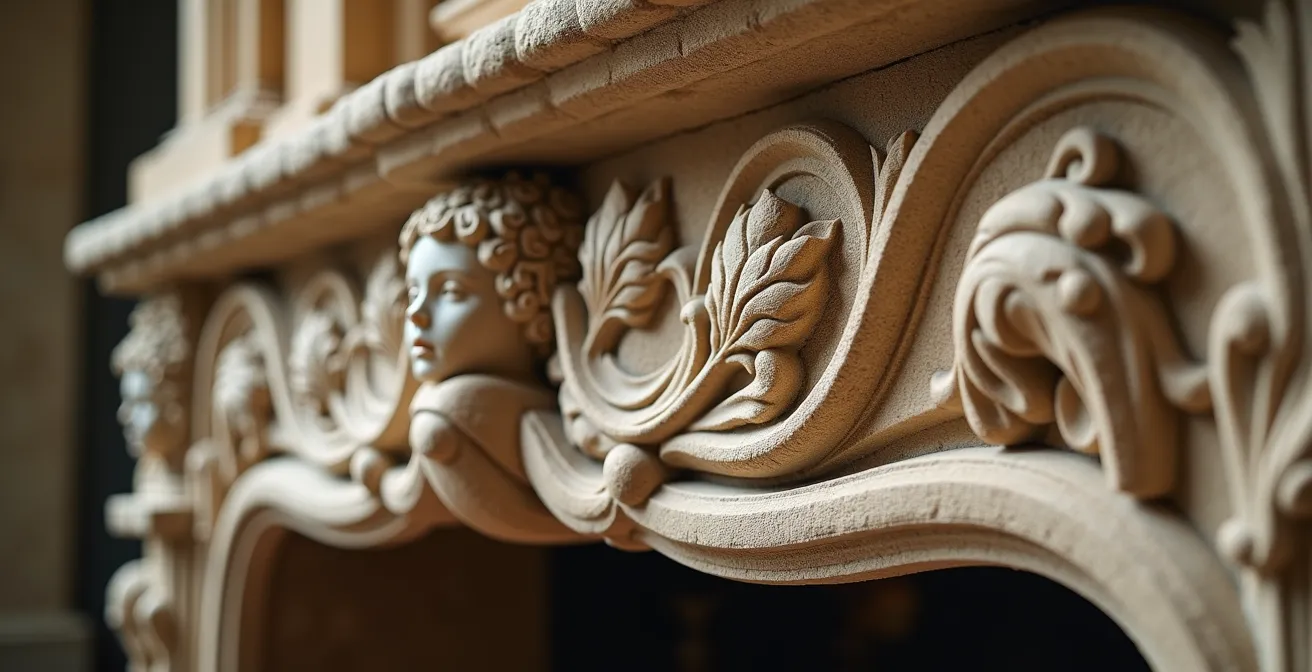 Cheminée monumentale renaissance à l'intérieur du Château de Gordes, décorée de sculptures détaillées