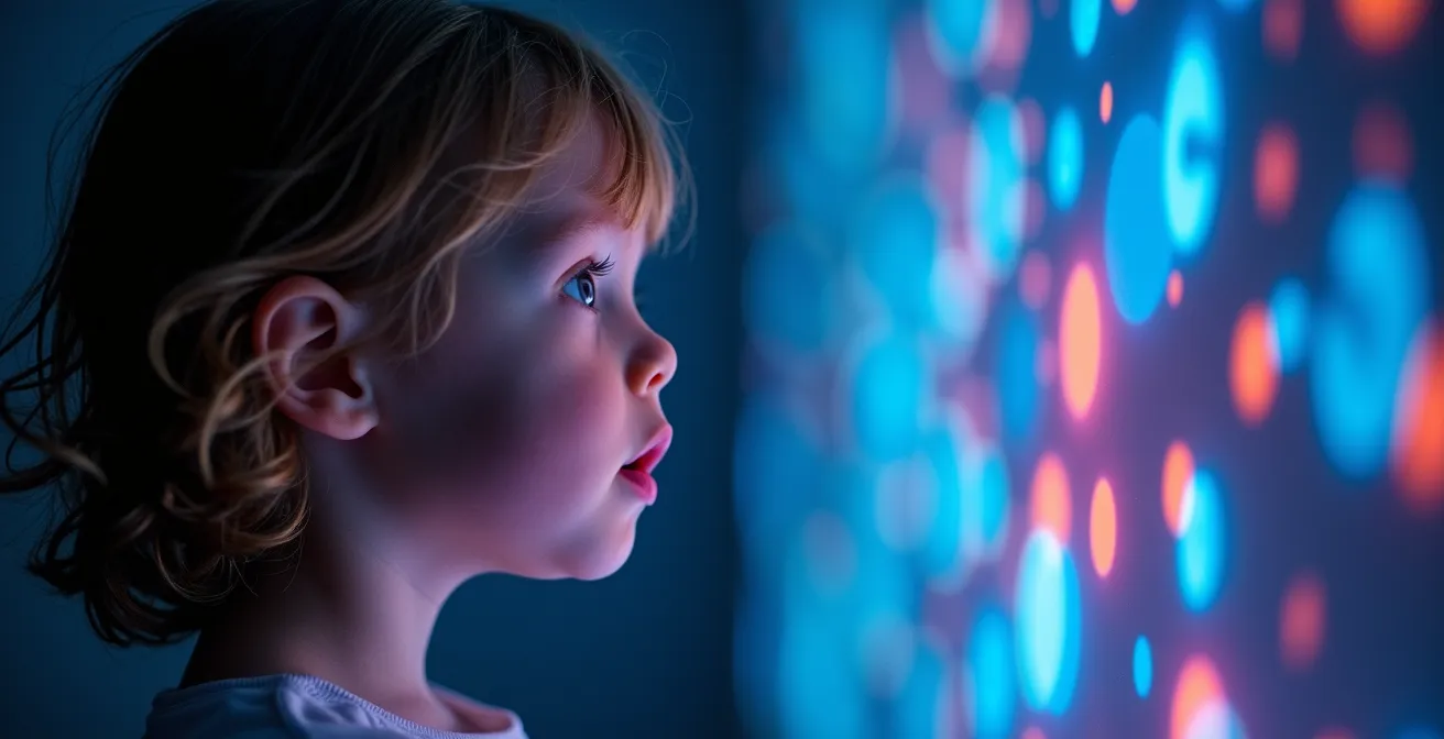 Enfant émerveillé face à une projection numérique colorée