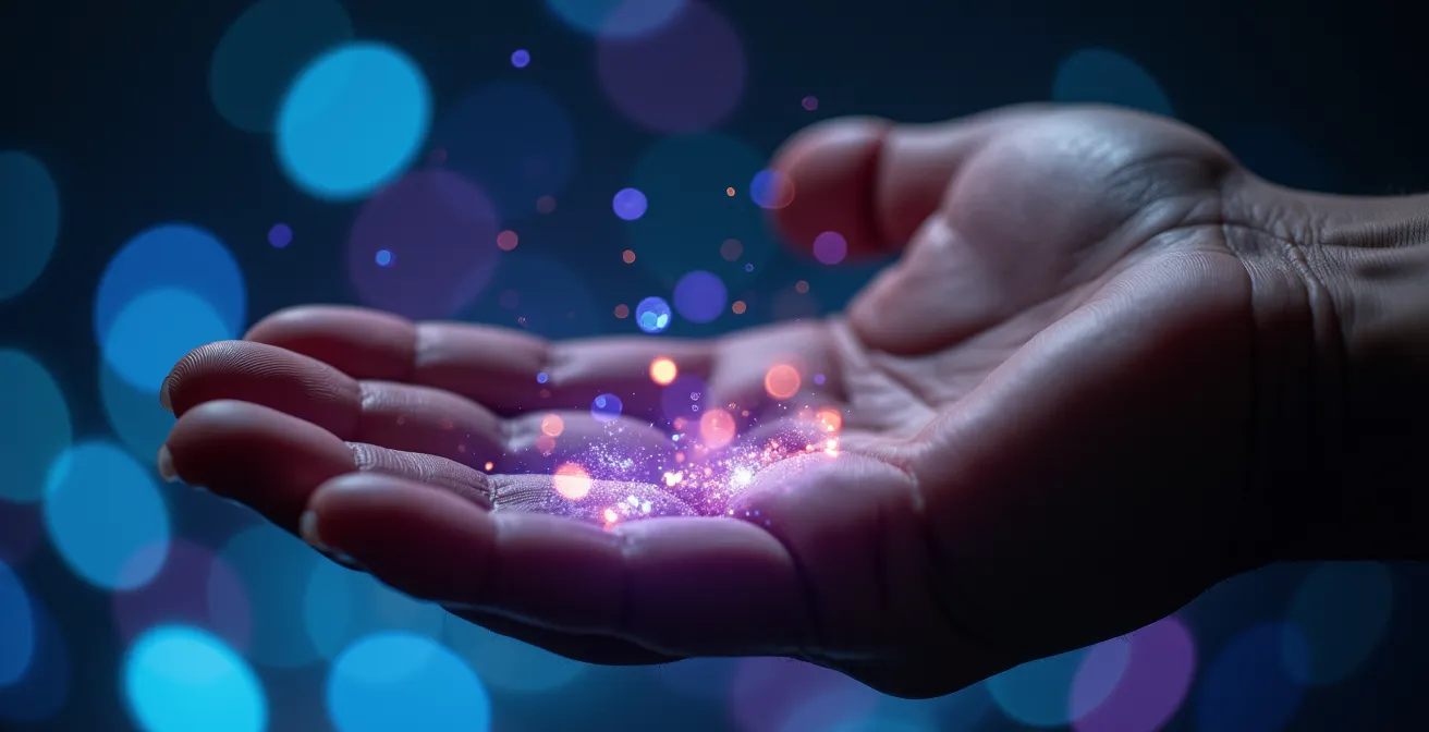 Main touchant une surface interactive avec projections lumineuses réagissant au mouvement